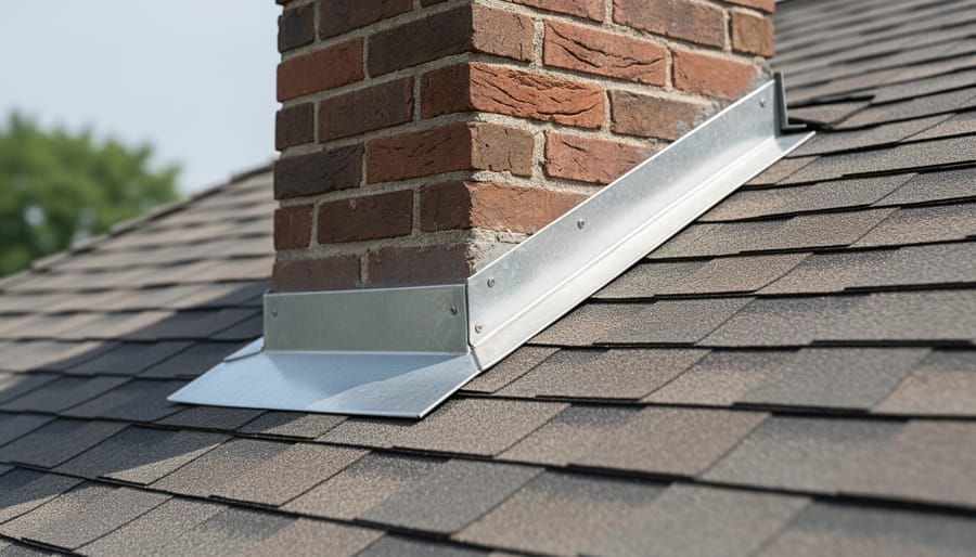 Close-up view of metal roof flashing installation around brick chimney