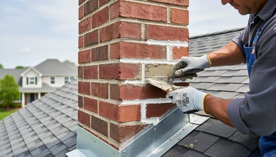 Mason applying fresh mortar to brick chimney during restoration work