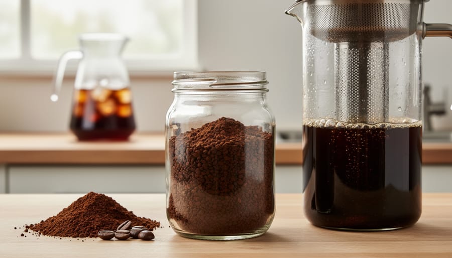 Close-up overhead view of coarse-ground coffee beans in ceramic bowl