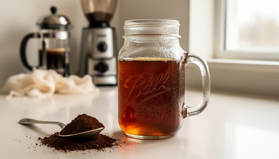 Mason jar of amber cold brew concentrate on a kitchen counter with a spoon of coarse coffee grounds, softly lit by window light, with a blurred French press, burr grinder, and cheesecloth in the background.