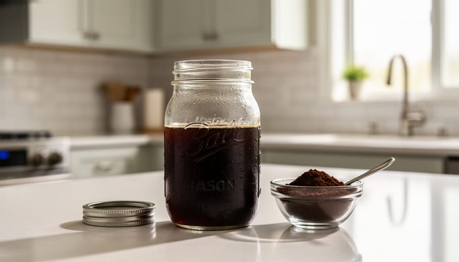 Mason jar with cold brew coffee steeping on modern kitchen counter