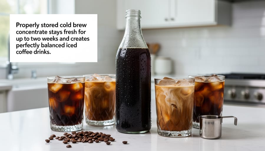 Glass pitcher of cold brew concentrate with serving glass containing ice and cream