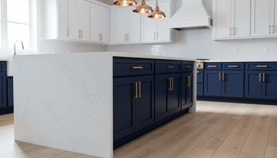Contemporary kitchen with navy lower cabinets and warm white uppers, quartz waterfall island, brass hardware, and light oak floors under soft natural daylight with warm pendant lighting.
