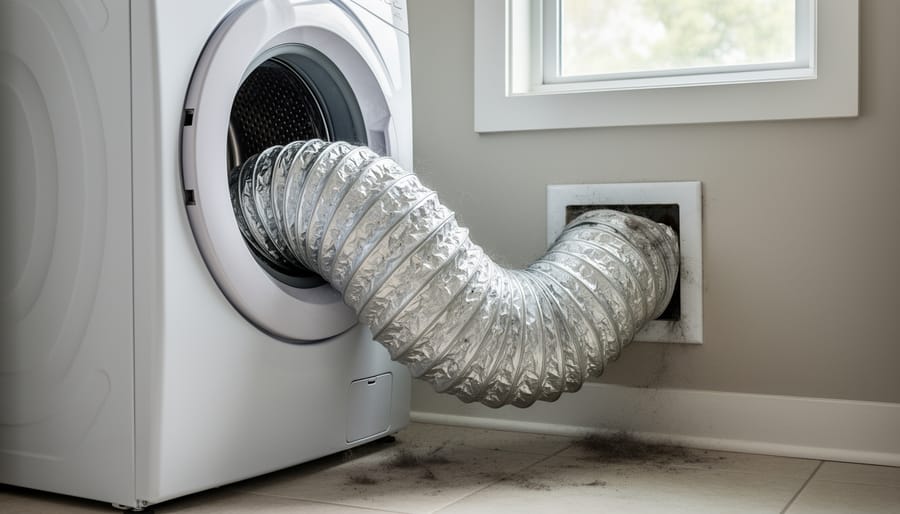 Damaged dryer vent ductwork showing crushed section and separated joint