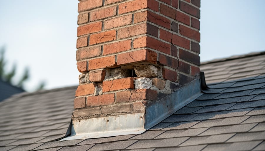Damaged brick chimney with crumbling mortar joints and visible deterioration