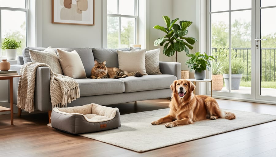 Happy dog resting on hardwood floor in freshly painted room with renovation materials nearby