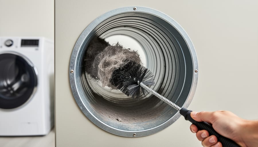 Dryer vent cleaning brush covered with removed lint held by homeowner