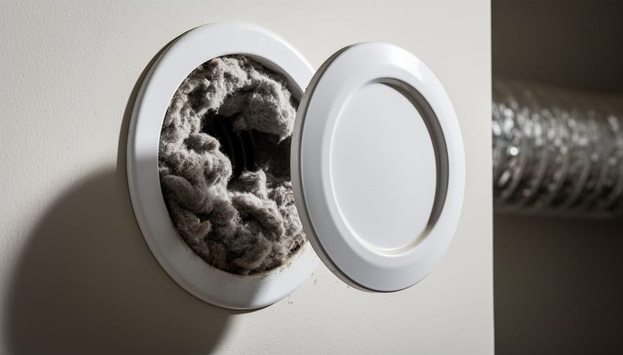 Close-up of thick lint accumulation on exterior dryer vent opening