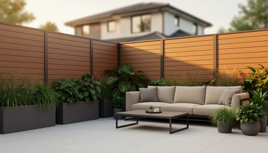 Eight-foot composite slat privacy screen along a backyard patio lounge at golden hour, with a blurred two-story neighboring house beyond, creating a serene, secluded outdoor space.
