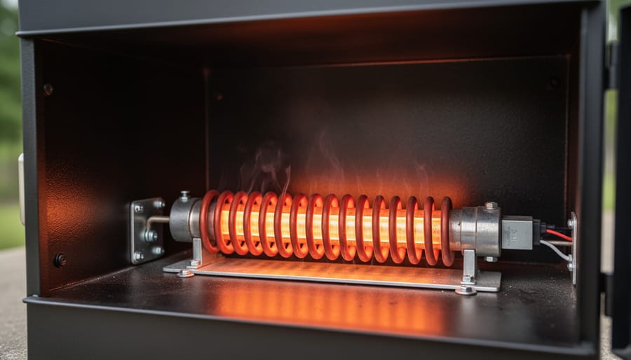 Glowing tubular heating element installed inside an electric smoker chamber