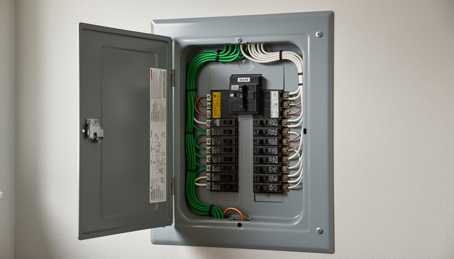 Interior view of residential electrical panel showing bonding connections and ground bars