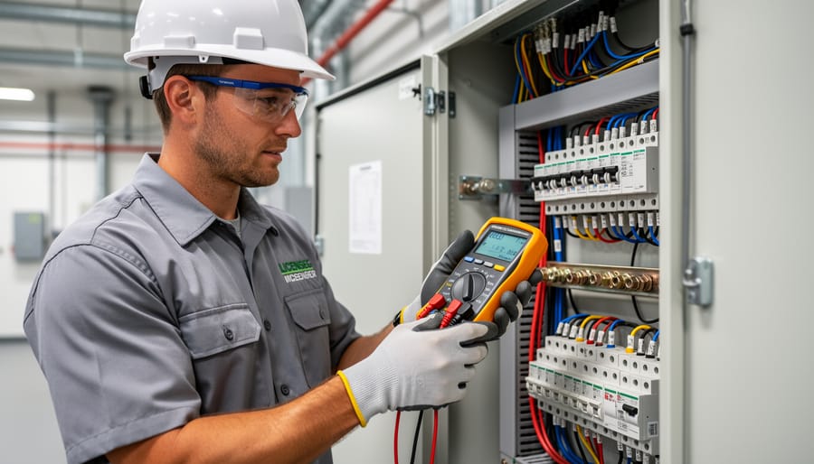 Electrician testing electrical connections with multimeter at service panel
