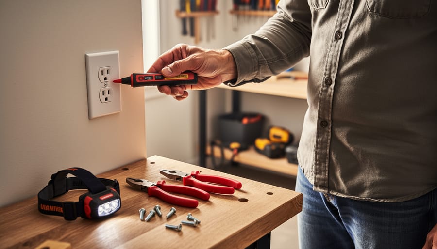 DIY homeowner uses a pen-style non-contact voltage tester at a wall outlet while wire strippers and a headlamp rest on a wooden workbench, with a softly blurred home workshop in the background.