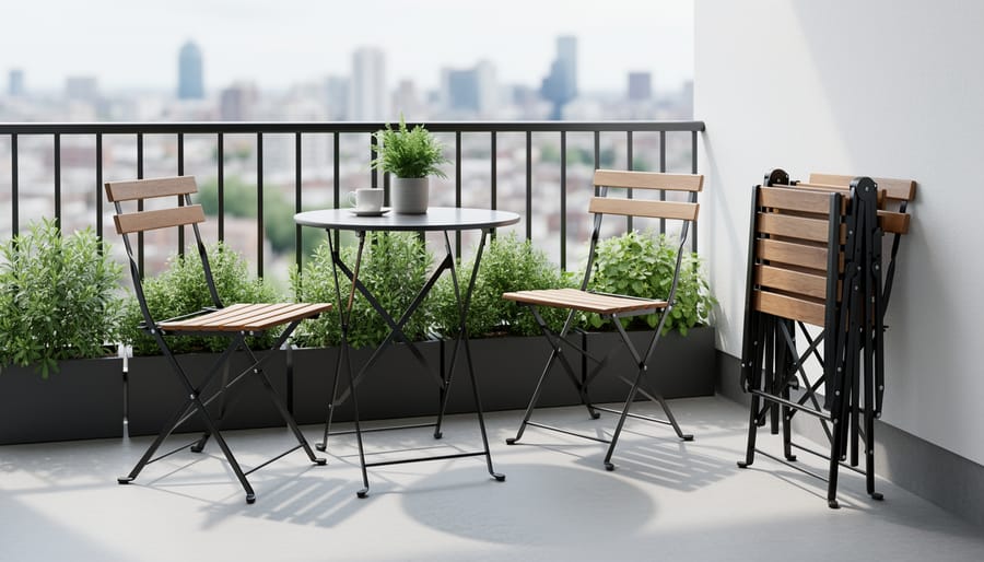 Folding bistro table and chairs arranged on small balcony with cushions