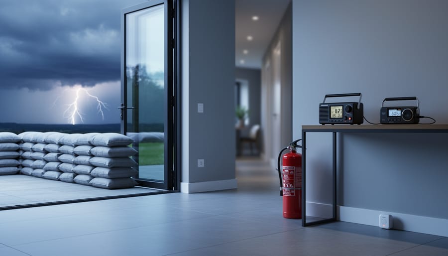 Modern living room with sandbags stacked by a patio door, a red fire extinguisher near the entrance, a small battery backup and weather radio on a console, and a water-leak sensor by the baseboard, with storm clouds and distant lightning visible outside.