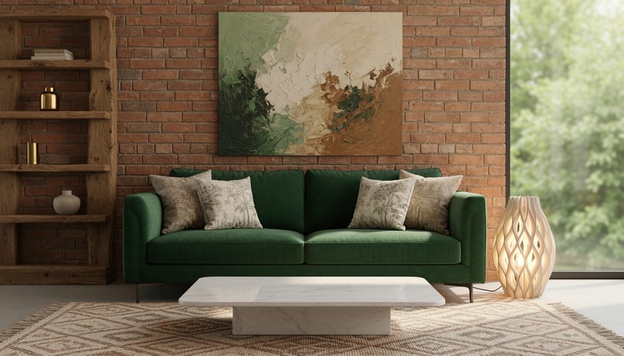 Modern living room with a forest‑green velvet sofa and linen‑print pillows against an exposed brick wall, marble coffee table, rough oak shelves, patterned rug, abstract textured painting, and a sculptural 3D‑printed lamp, photographed straight‑on in soft natural light.