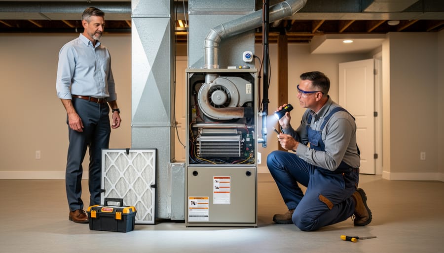 Interior view of residential furnace showing burner flames and mechanical components