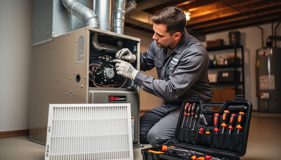 HVAC technician inspecting an open gas furnace in a home basement, with a clean replacement air filter and toolbox in the foreground and ductwork and a water heater blurred in the background under warm, soft lighting.