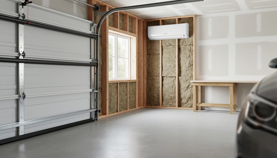 Modern garage interior with a ductless mini-split on a partially insulated wall and visible weatherstripping along a metal garage door, softly lit with daylight; a workbench and a parked car appear subtly in the background.