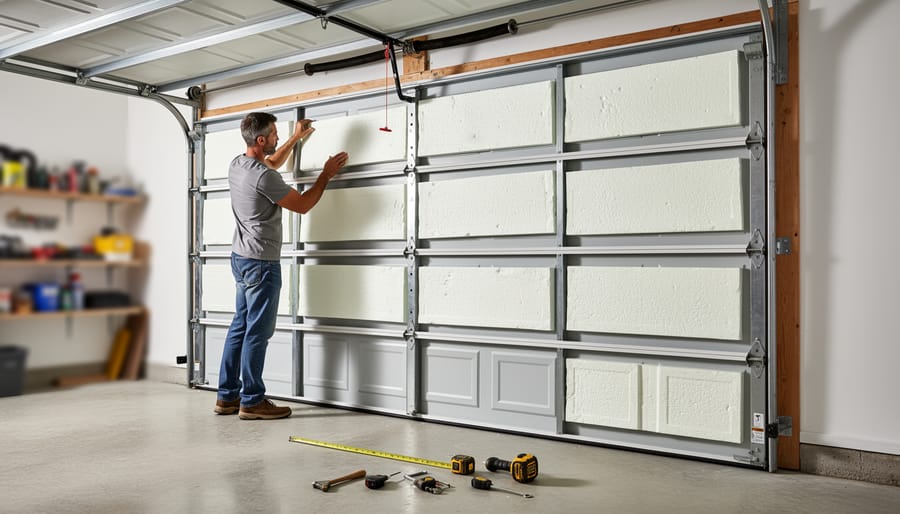 Homeowner installing reflective foam insulation panel on garage door interior
