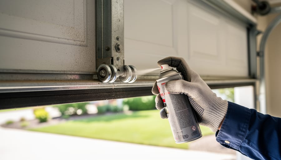Close-up of hand lubricating garage door roller and track mechanism during maintenance