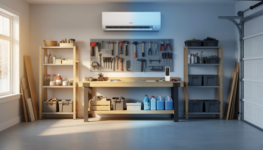 Wall-mounted mini-split air conditioning and heating unit in organized garage workshop