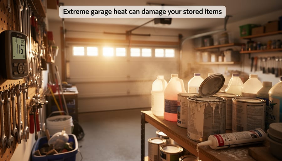 Damaged paint cans and rusted tools on garage floor showing effects of poor climate control