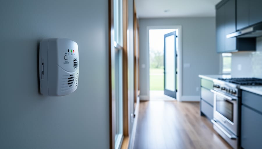 Close-up of a wall-mounted natural gas and carbon monoxide detector in a hallway, with a blurred kitchen gas stove and an open front door in the background.
