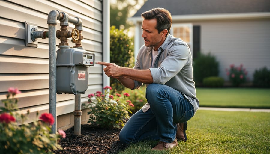 Hand turning red gas shut-off valve on residential gas line