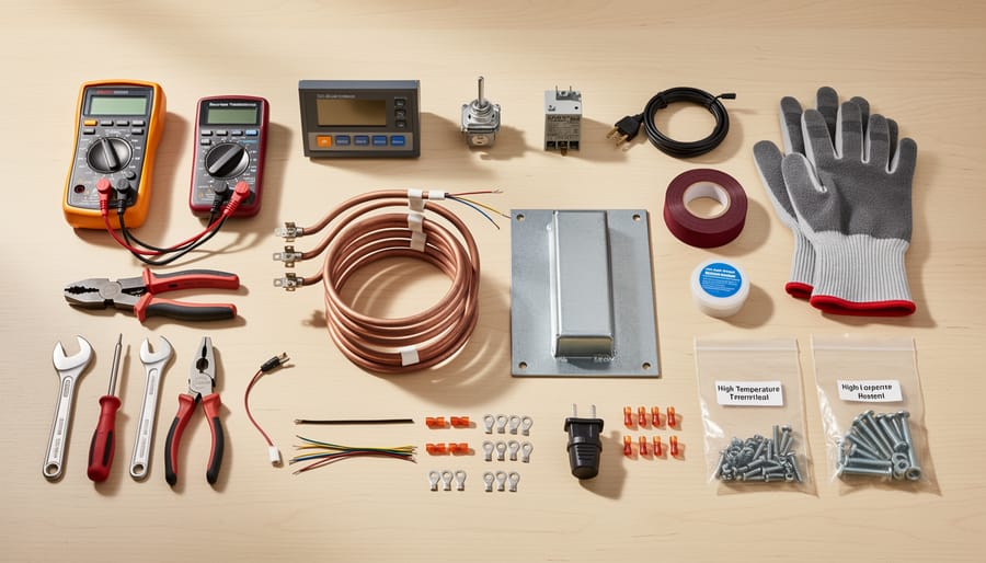 Overhead view of heating element parts and tools organized on workbench