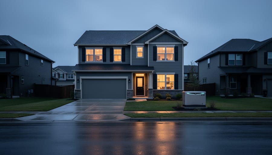 Eye-level wide shot of a modern suburban home lit from within during a blackout, a natural-gas standby generator beside the house, neighboring homes dark under a blue-hour sky with a wet street, no visible branding.