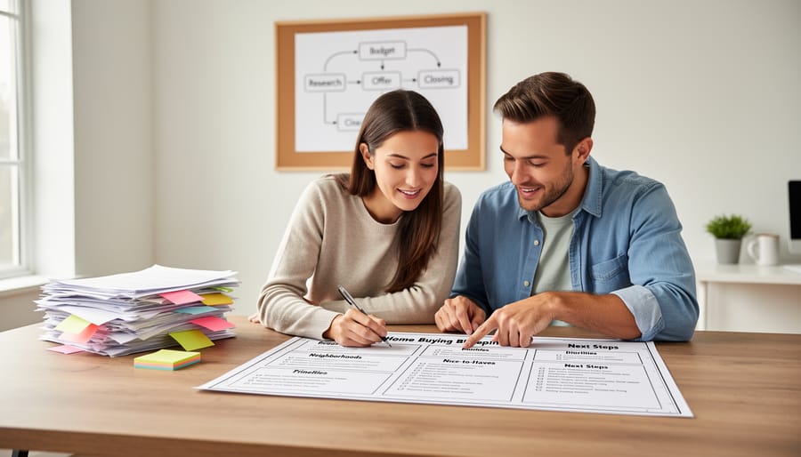 Organized workspace with home buying planning materials including notebook, calculator, and property photos