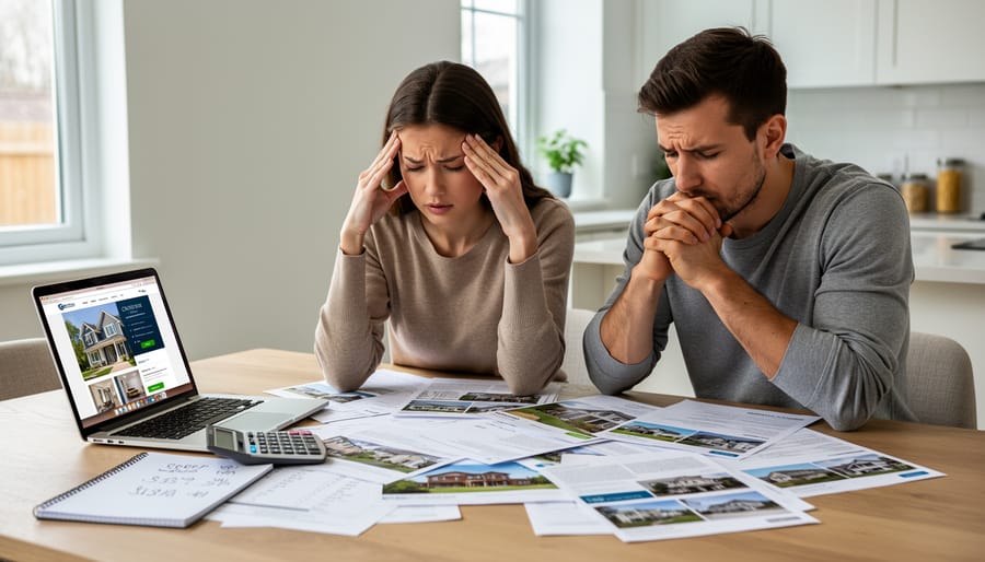Couple looking stressed while reviewing home buying paperwork and documents at kitchen table