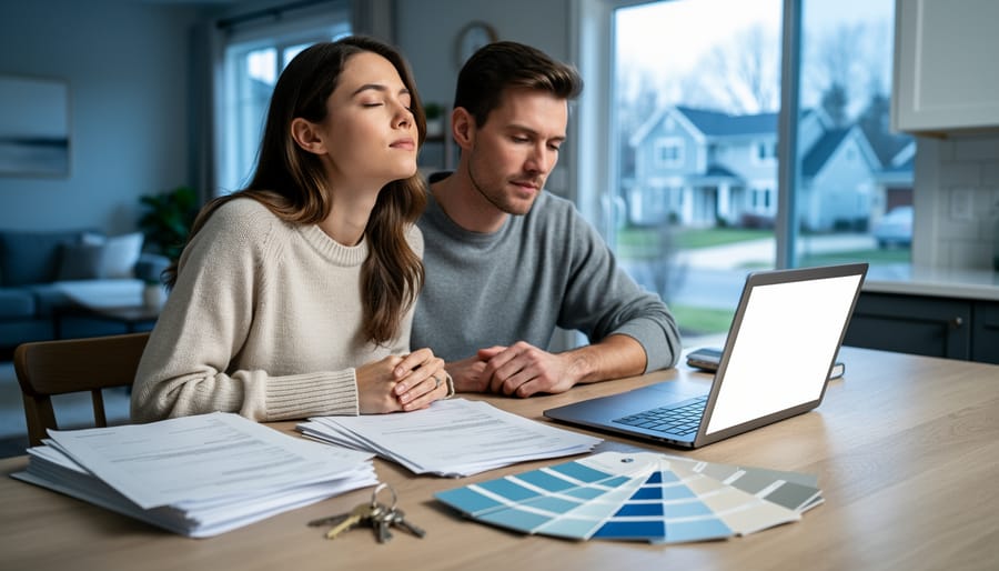 Couple at a kitchen table with laptop, papers, keys, and paint swatches; one person takes a steadying breath while the other organizes documents, in soft morning light with a blurred living room and neighborhood outside the window.