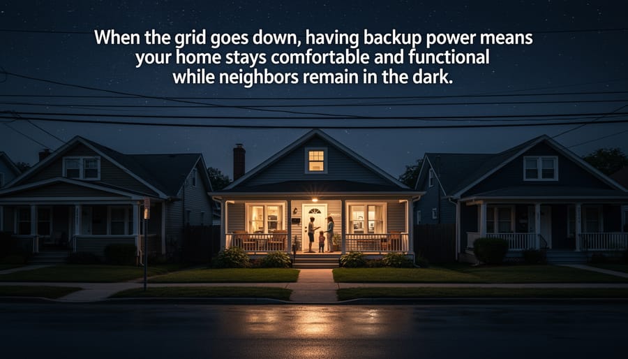 Suburban home with lights on during neighborhood power outage at twilight
