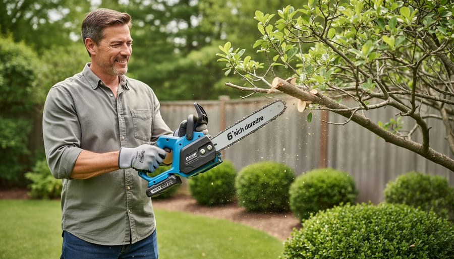 Homeowner safely using compact chainsaw for tree branch pruning in backyard