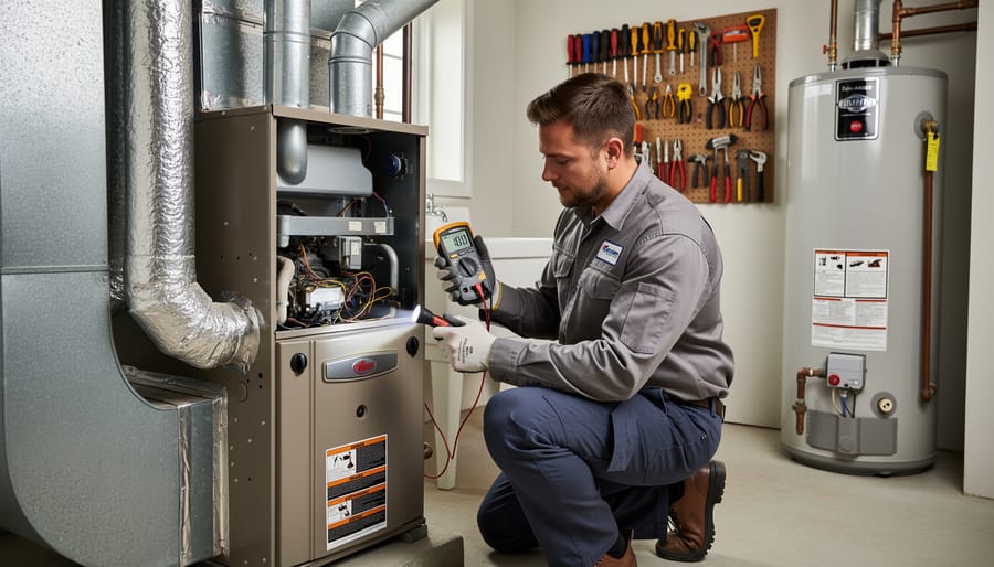 Professional HVAC technician diagnosing furnace problem while homeowner observes