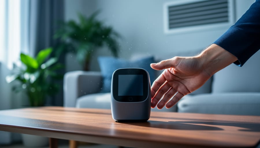 Close-up of a person placing a sleek indoor air quality monitor on a wooden coffee table in a bright living room, with sunlit dust particles visible and a sofa, plants, and window softly blurred in the background.