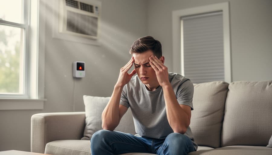 Woman experiencing headache while sitting in modern living room