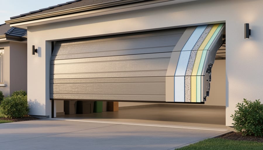 Close-up of insulated garage door panel showing construction layers and weather sealing