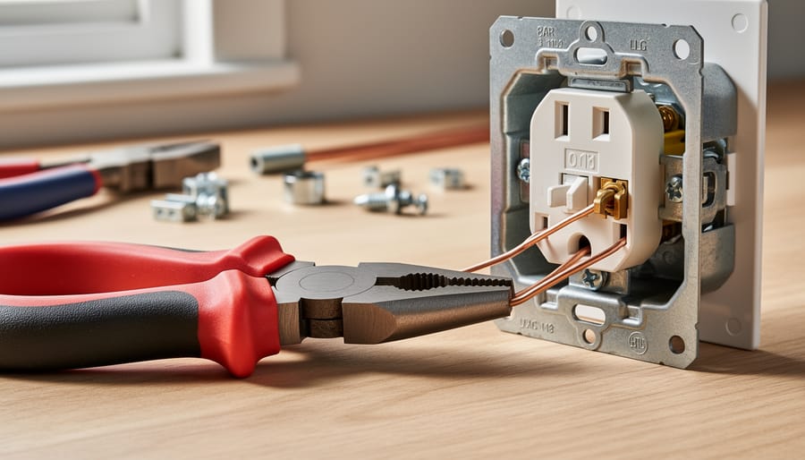 Electrician using insulated needle-nose pliers to work with copper wire in electrical box