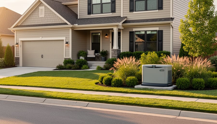 Home exterior showing solar panels and landscaped backup generator integrated into property design
