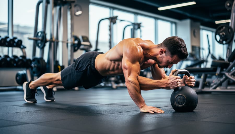 Person performing kettlebell plank pull-through exercise on gym mat