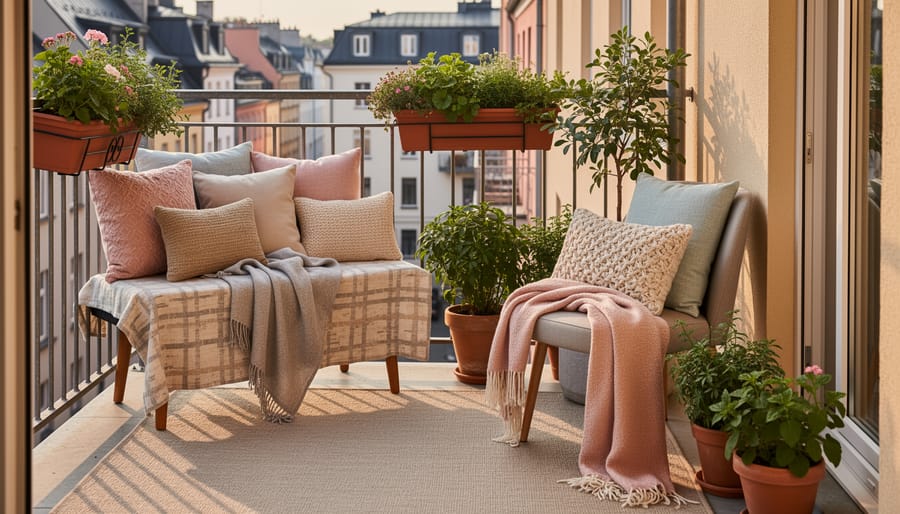Layered outdoor cushions, throw blankets, and rug creating cozy seating area on small balcony