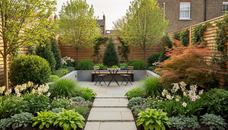 Small backyard garden with layered plantings including spring bulbs, perennials, and evergreen shrubs