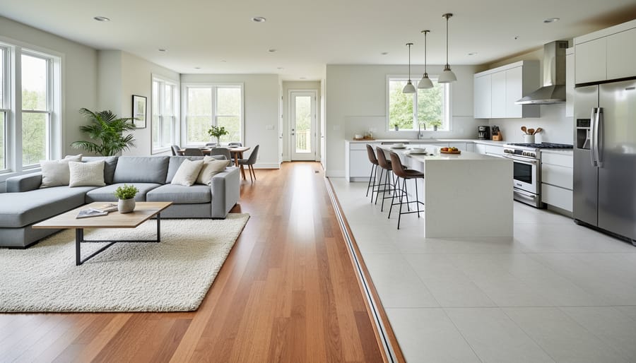 Open floor plan showing flooring transition between living room hardwood and kitchen tile