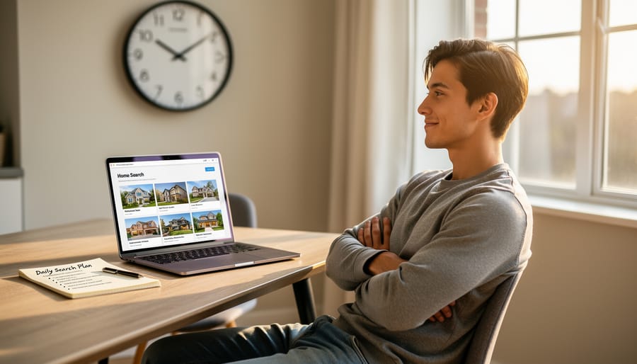 Woman calmly reviewing property listings on tablet while taking notes in peaceful home setting