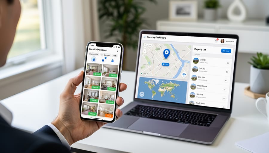 Property manager using smartphone app to control security system at rental property entrance