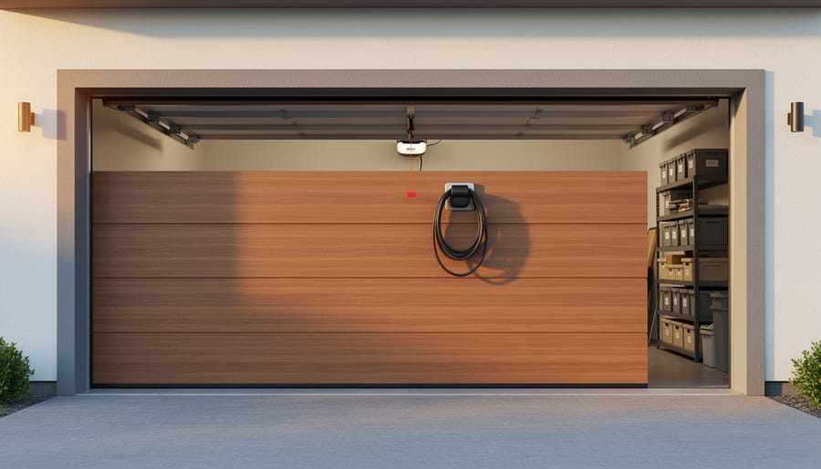 Eye-level wide shot of a modern insulated wood-grain garage door half-open at a contemporary home during golden hour, with belt-drive opener and rail visible overhead and an EV charging cable and organized shelves softly blurred in the background.