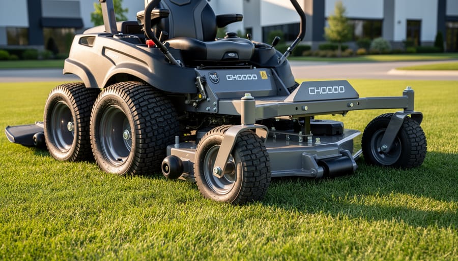 Close-up detail of lawn mower wheels showing construction quality and size